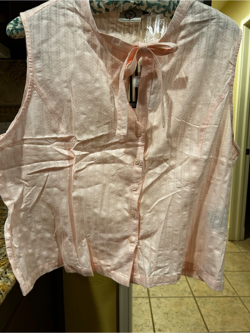 NWT Banned Apparel top Pale Pink stripe weave, tie neck, sleeveless 14US (2xlUK)
